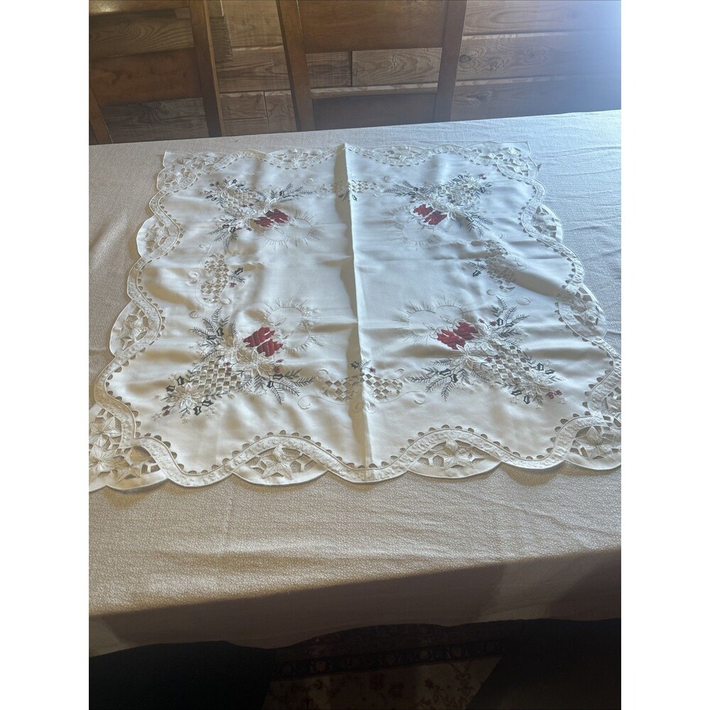 Vintage Christmas Tablecloth 34x34 Embroidered Candles Cutwork Topper